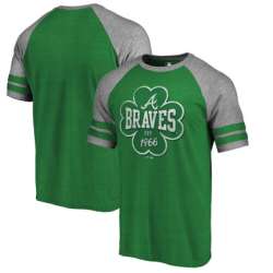 Atlanta Braves Fanatics Branded 2018 St. Patrick\'s Day Emerald Isle Refresh Raglan 2 Stripe Tri Blend T-Shirt Kelly Green