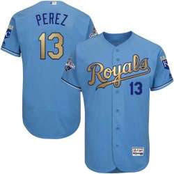 Glued Kansas City Royals #13 Salvador Perez Light Blue FlexBase 2015 World Series Champions Gold Program Baseball Jersey