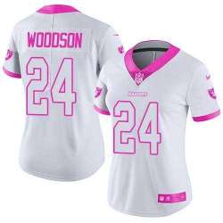 Glued Women Nike Oakland Raiders #24 Charles Woodson White Pink Rush Limited Jersey