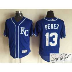 Kansas City Royals #13 Salvador Perez Blue KC Flexbase Collection Stitched Baseball Signature Edition Jersey