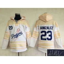 Los Angeles Dodgers #23 Adrian Gonzalez Cream Sawyer Hooded Sweatshirt Stitched Signature Edition Hoodie
