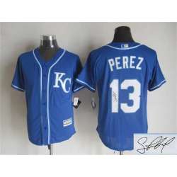 Majestic Kansas City Royals #13 Salvador Perez Blue MLB Stitched Signature Edition Jersey