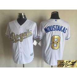 Majestic Kansas City Royals #8 Mike Moustakas White 2015 World Series Champions Gold Program Stitched Signature Edition Jersey