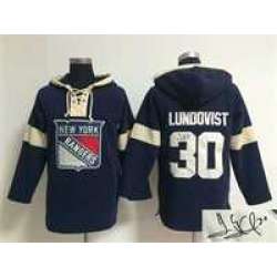 New York Rangers #30 Henrik Lundqvist Blue Solid Color Stitched Signature Edition Hoodie