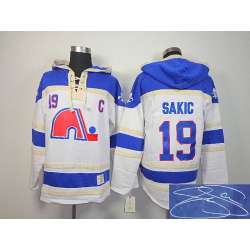 Quebec Nordiques #19 Joe Sakic White With Navy Blue Stitched Signature Edition Hoodie