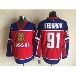 Russian #91 Sergei Fedorov Red-Blue Hockey Jerseys