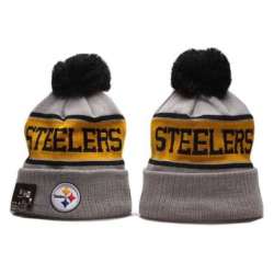 Steelers Team Logo Gray Yellow Wordmark Cuffed Pom Knit Hat YP