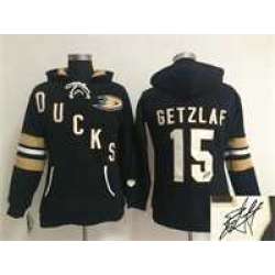 Women Anaheim Ducks #15 Ryan Getzlaf Black Old Time Hockey Stitched Signature Edition Hoodie