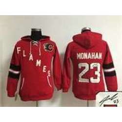 Women Calgary Flames #23 Sean Monahan Red Old Time Hockey Stitched Signature Edition Hoodie