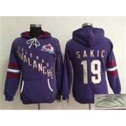 Women Colorado Avalanche #19 Joe Sakic Purple Old Time Hockey Stitched Signature Edition Hoodie
