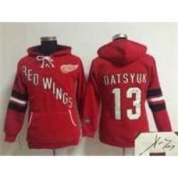 Women Detroit Red Wings #13 Pavel Datsyuk Red Old Time Hockey Stitched Signature Edition Hoodie