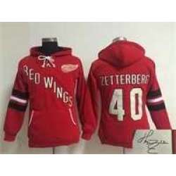 Women Detroit Red Wings #40 Henrik Zetterberg Red Old Time Hockey Stitched Signature Edition Hoodie