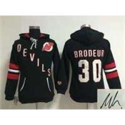 Women New Jersey Devils #30 Martin Brodeur Black Old Time Hockey Stitched Signature Edition Hoodie