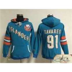 Women New York Islanders #91 John Tavares Blue Old Time Hockey Stitched Signature Edition Hoodie