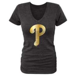 Women Philadelphia Phillies Fanatics Apparel Gold Collection Tri-Blend T-Shirt LanTian - Black