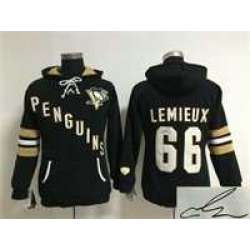 Women Pittsburgh Penguins #66 Mario Lemieux Black Old Time Hockey Stitched Signature Edition Hoodie