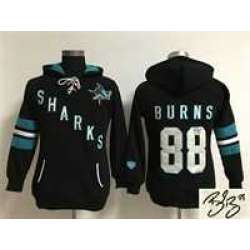 Women San Jose Sharks #88 Brent Burns Black Old Time Hockey Stitched Signature Edition Hoodie