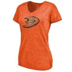 Women's Anaheim Ducks Distressed Team Primary Logo V Neck Tri Blend T-Shirt Orange FengYun