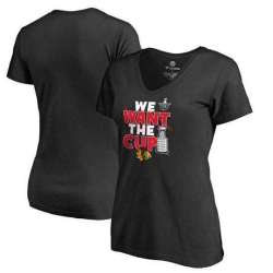 Women's Chicago Blackhawks Fanatics Branded 2017 NHL Stanley Cup Playoff Participant Blue Line Slim Fit V Neck T Shirt Black FengYun