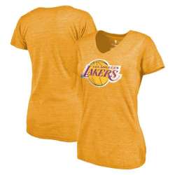 Women's Los Angeles Lakers Distressed Team Primary Logo Slim Fit Tri Blend T-Shirt Gold FengYun