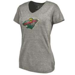Women's Minnesota Wild Distressed Team Logo Tri Blend V Neck T-Shirt Ash FengYun