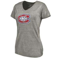Women's Montreal Canadiens Distressed Team Logo Tri Blend V Neck T-Shirt Ash FengYun