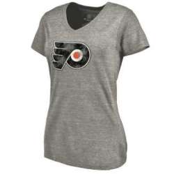 Women's Philadelphia Flyers Distressed Team Logo Tri Blend V Neck T-Shirt Ash FengYun