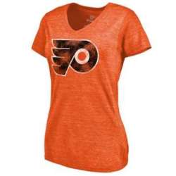 Women\'s Philadelphia Flyers Distressed Team Primary Logo V Neck Tri Blend T-Shirt Orange FengYun