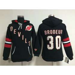 Womens New Jersey Devils #30 Martin Brodeur Black Old Time Hockey Hoodie