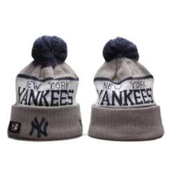 Yankees Team Logo Gray Wordmark Cuffed Pom Knit Hat YP